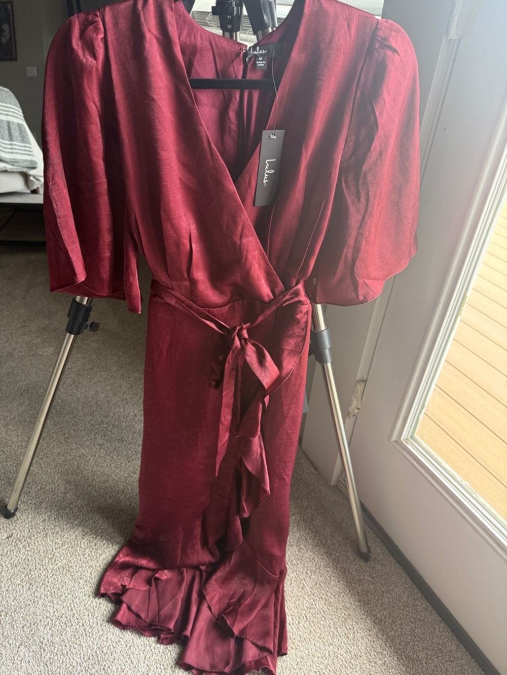 Lulu's Burgundy Satin Wrap Maxi Dress